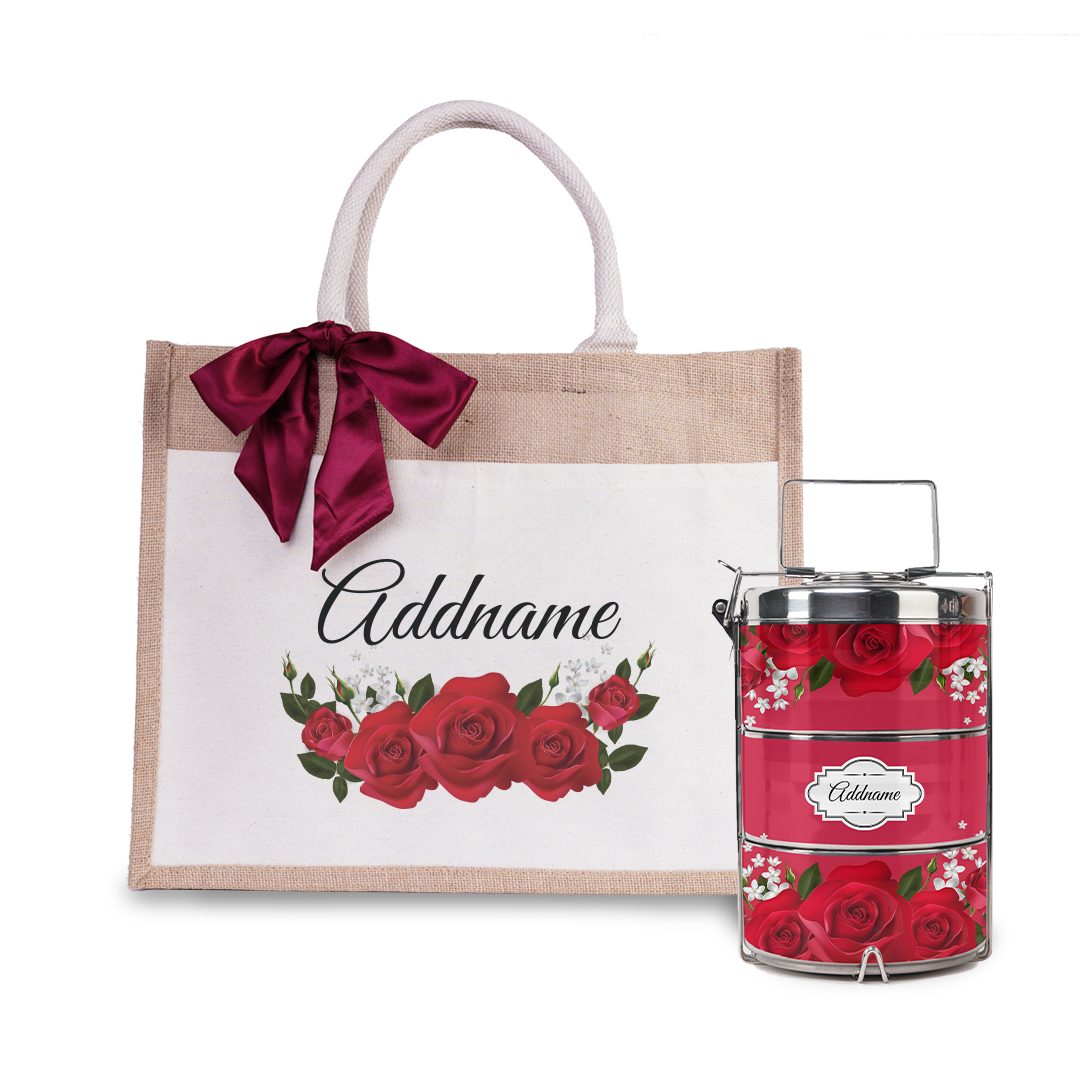Red Rose Tiffin Carrier and Jute Bag with Front Pocket Set