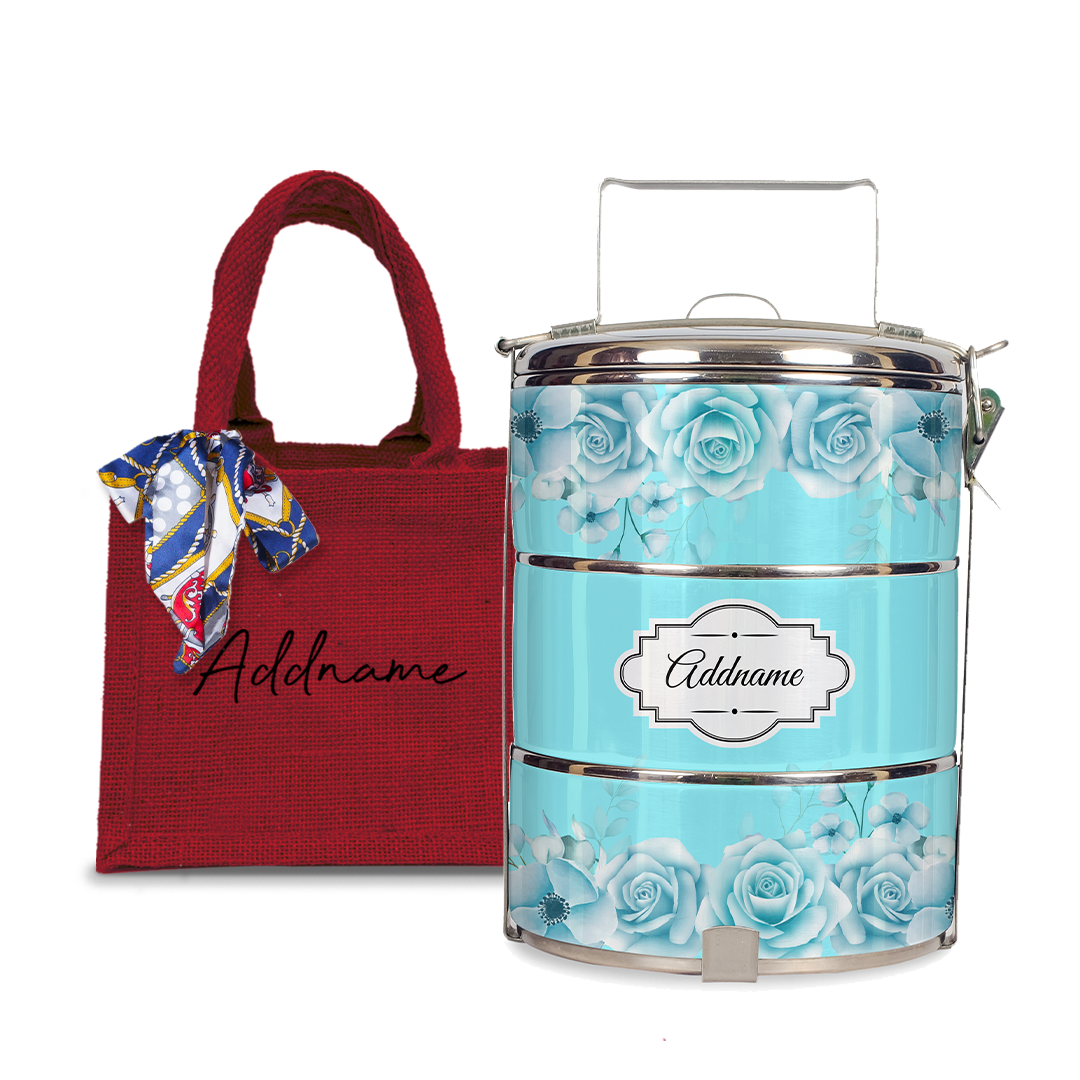 Full Turquoise Rose Tiffin Carrier