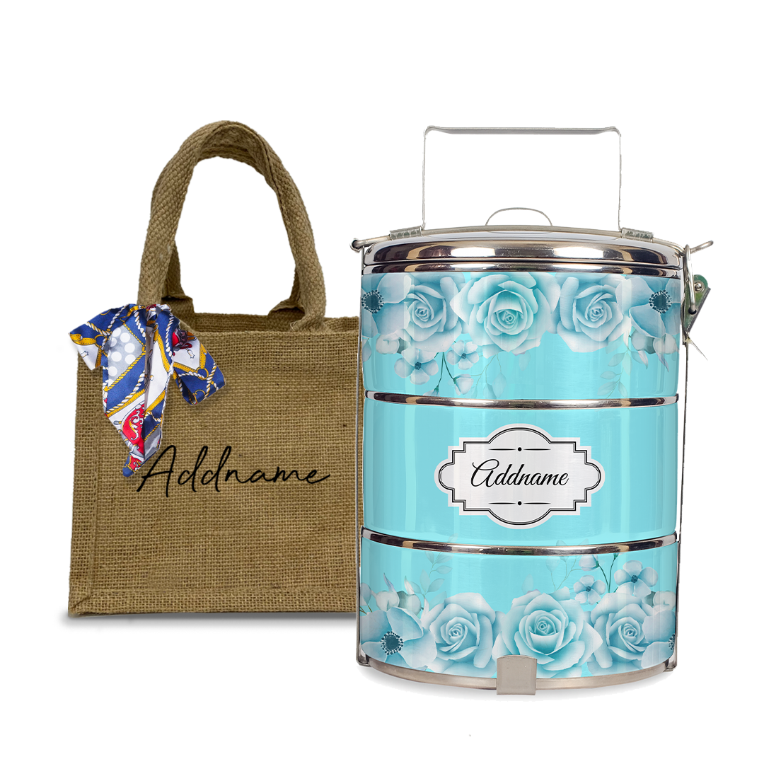 Full Turquoise Rose Tiffin Carrier