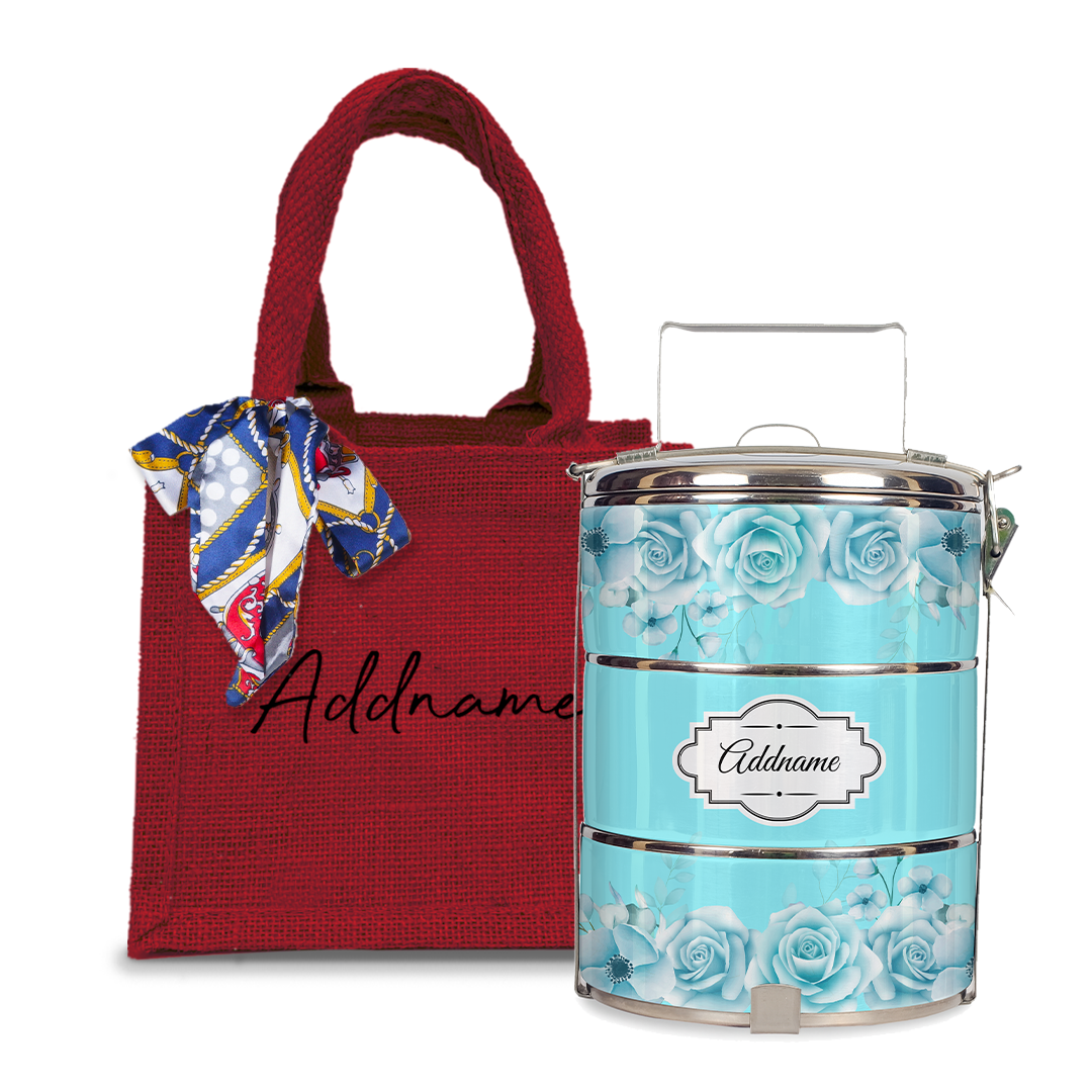 Full Turquoise Rose Tiffin Carrier
