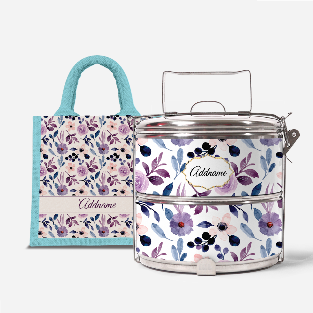 Laura Series - Violet - Lunch Tote Bag with Two-Tier Tiffin Carrier