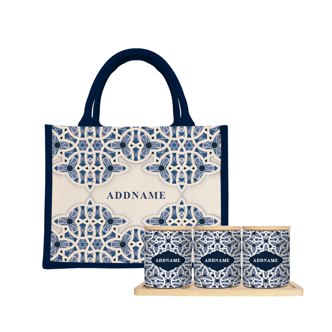 Ratu Series - Blue Balang Raya Set (3 in 1) with Half Lining Small Jute Bag