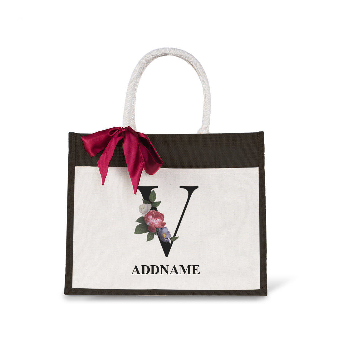 Myra Floral Series Black Jute Bag with Front Pocket