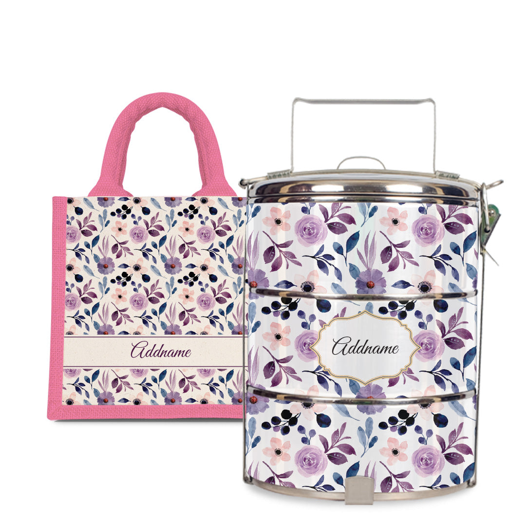 Laura Series - Violet - Lunch Tote Bag with Three-Tier Tiffin Carrier