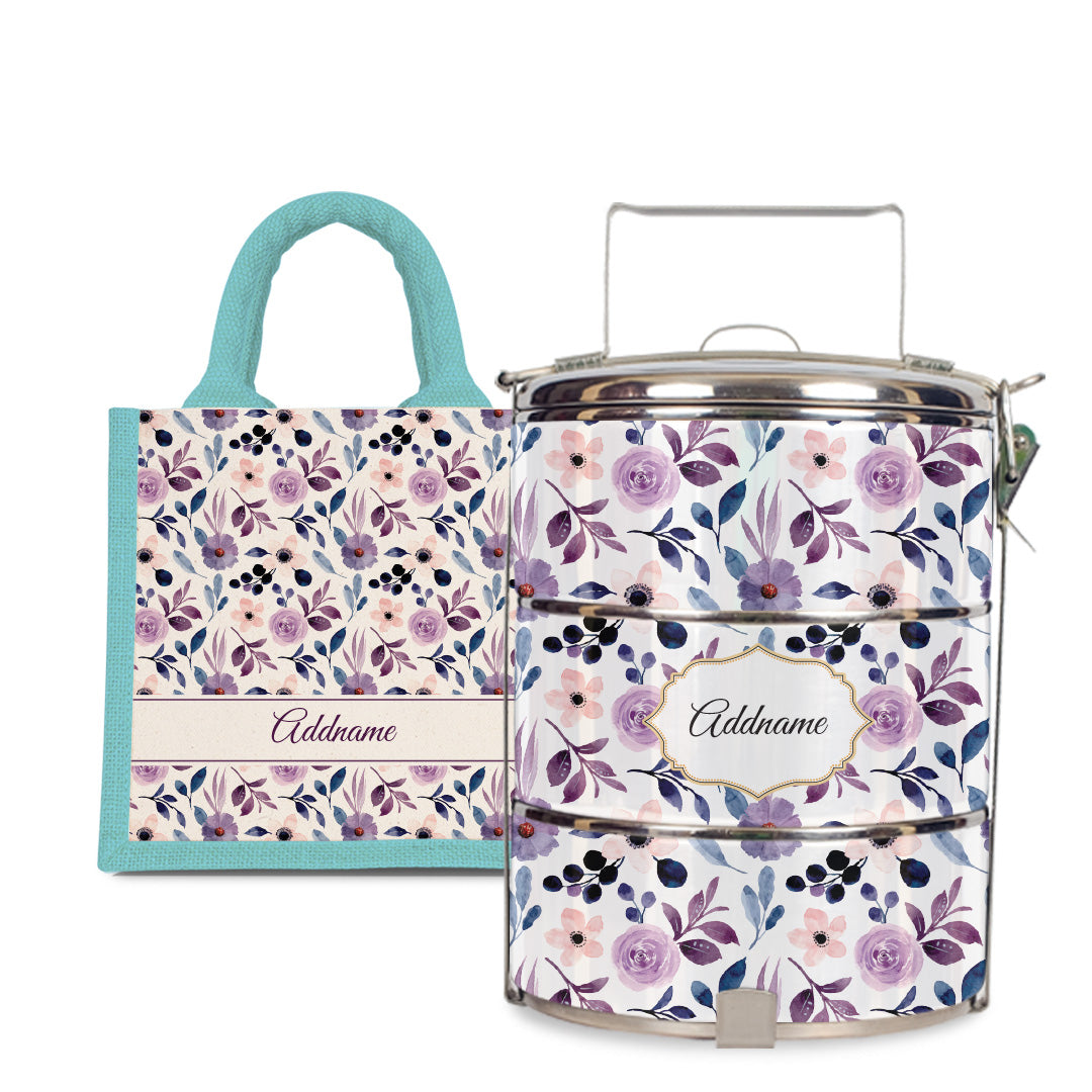 Laura Series - Violet - Lunch Tote Bag with Three-Tier Tiffin Carrier