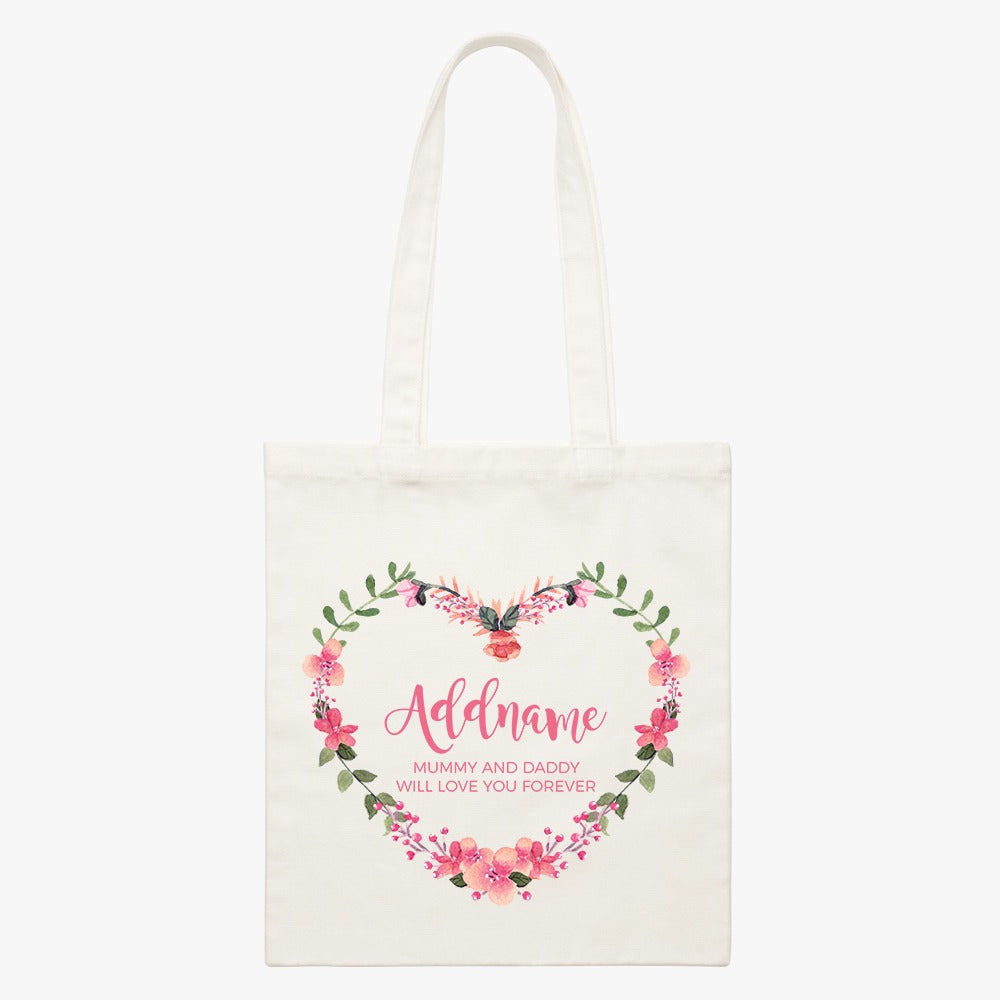 Pink Heart Shaped Flower Wreath Personalizable with Name and Text Canvas Bag