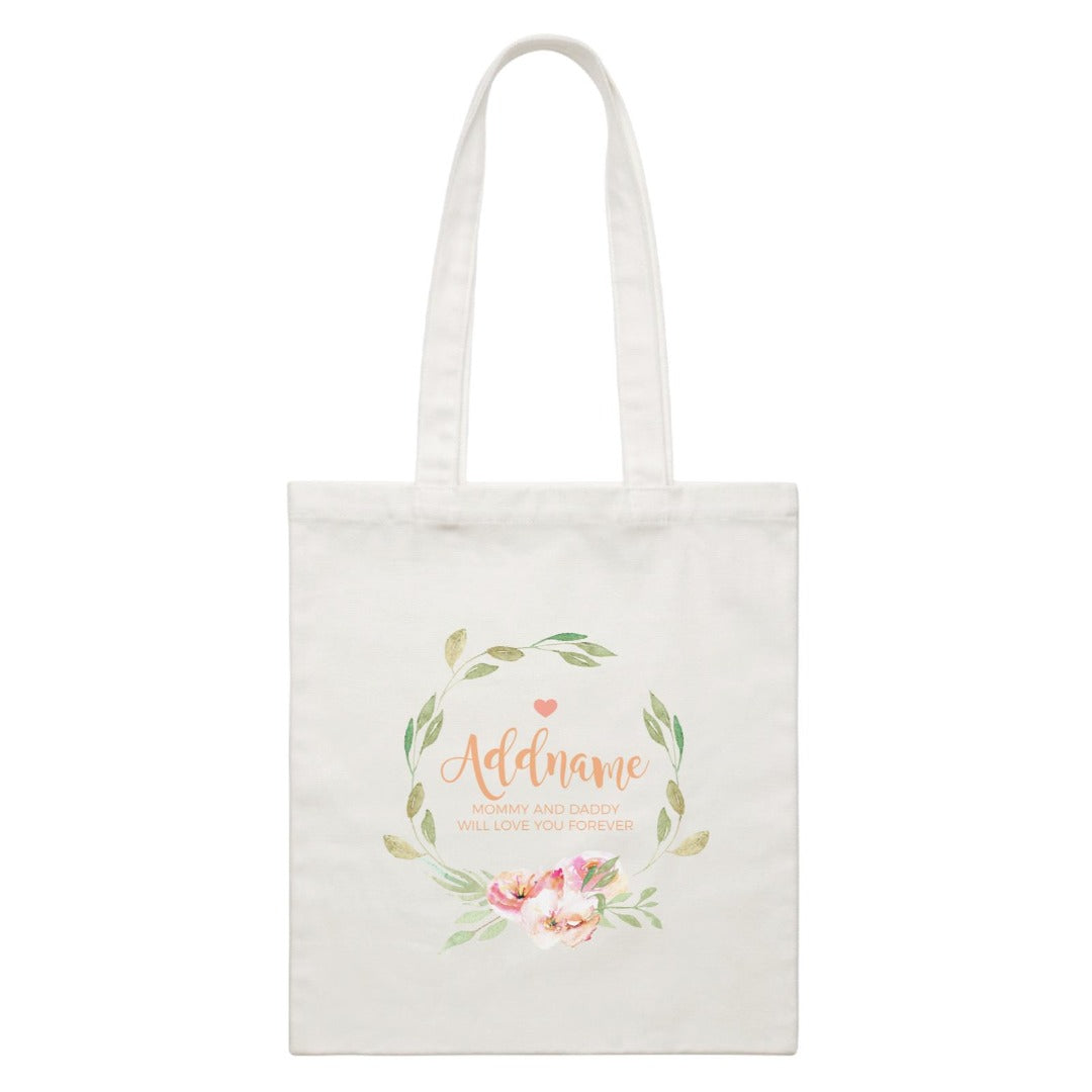 Watercolour Sweet Pink Flowers Wreath Personalizable with Name and Text Canvas Bag