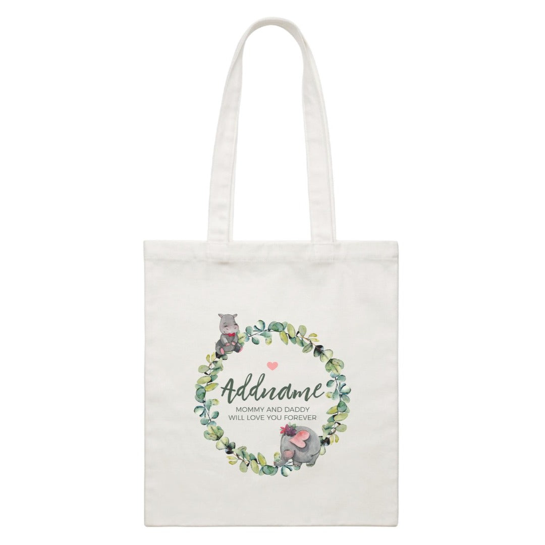 Watercolour Hippo and Elephant Leaf Wreath Personalizable with Name and Text Canvas Bag