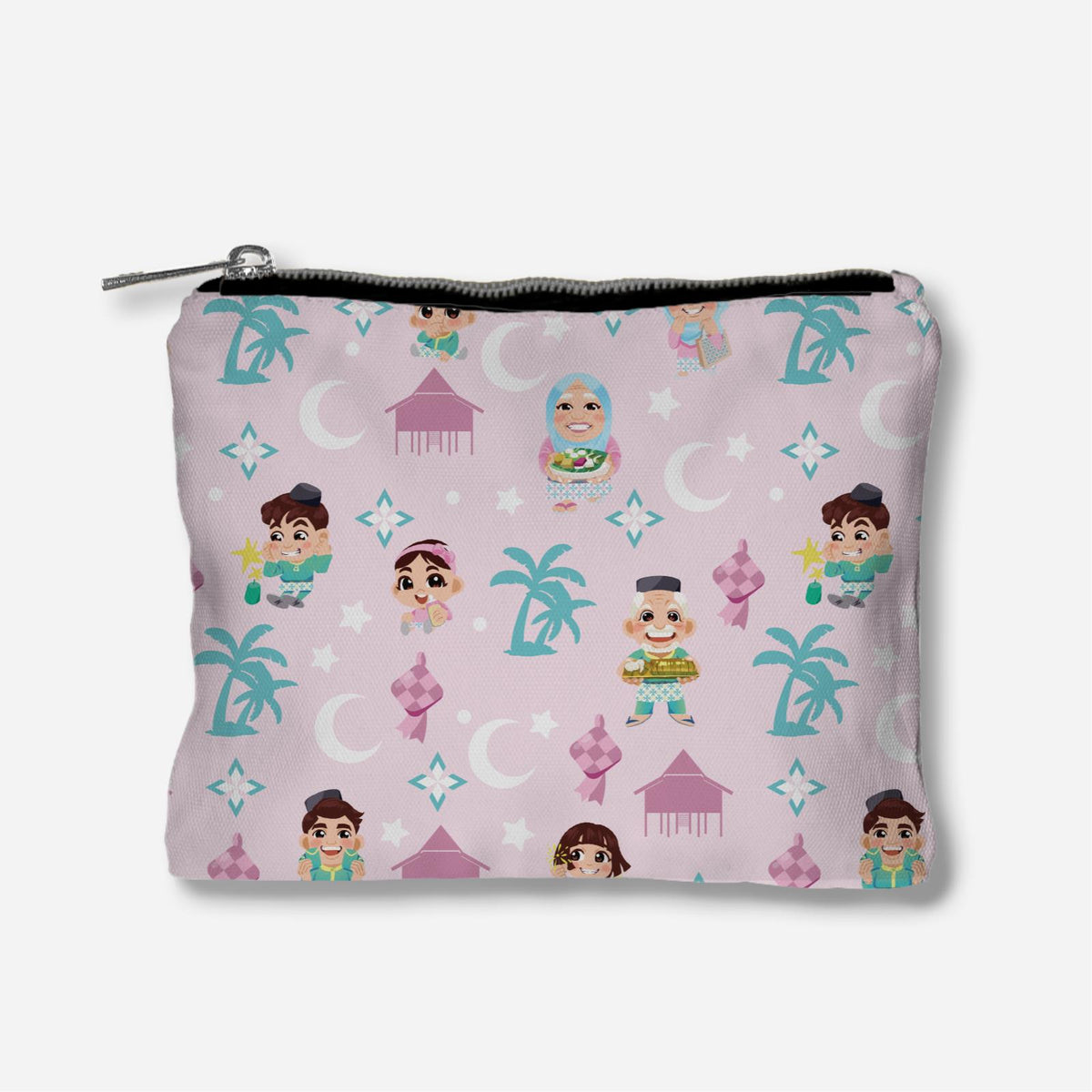 Seindah Lebaran Full Print Zipper Pouch - Pastel Pink