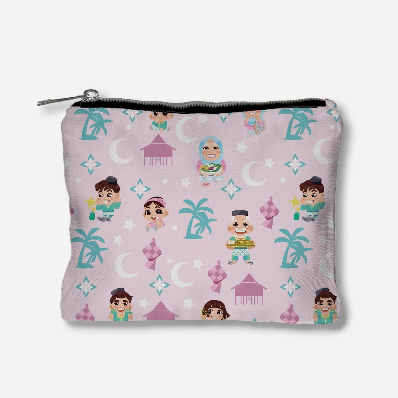 Seindah Lebaran Full Print Zipper Pouch - Pastel Pink