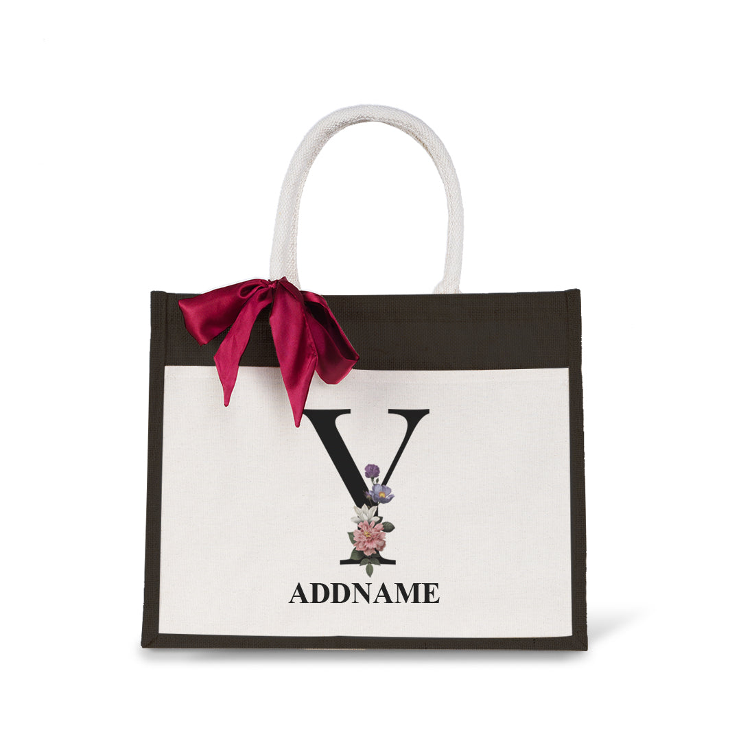 Myra Floral Series Black Jute Bag with Front Pocket