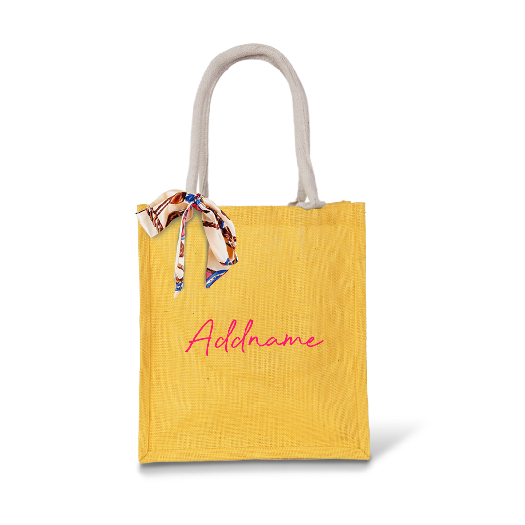 Yellow Full Colour Jute Bag with Florence Pink Personalization
