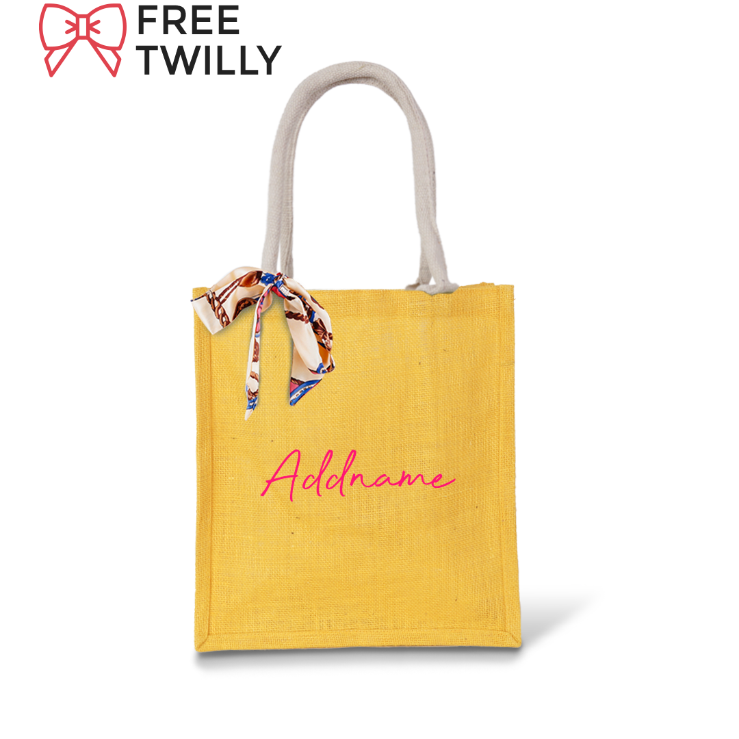 Yellow Full Colour Jute Bag with Florence Pink Personalization