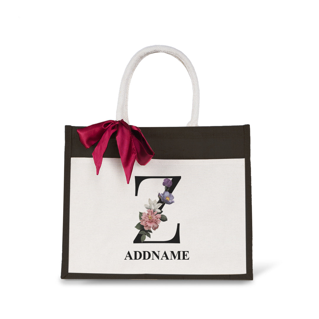 Myra Floral Series Black Jute Bag with Front Pocket