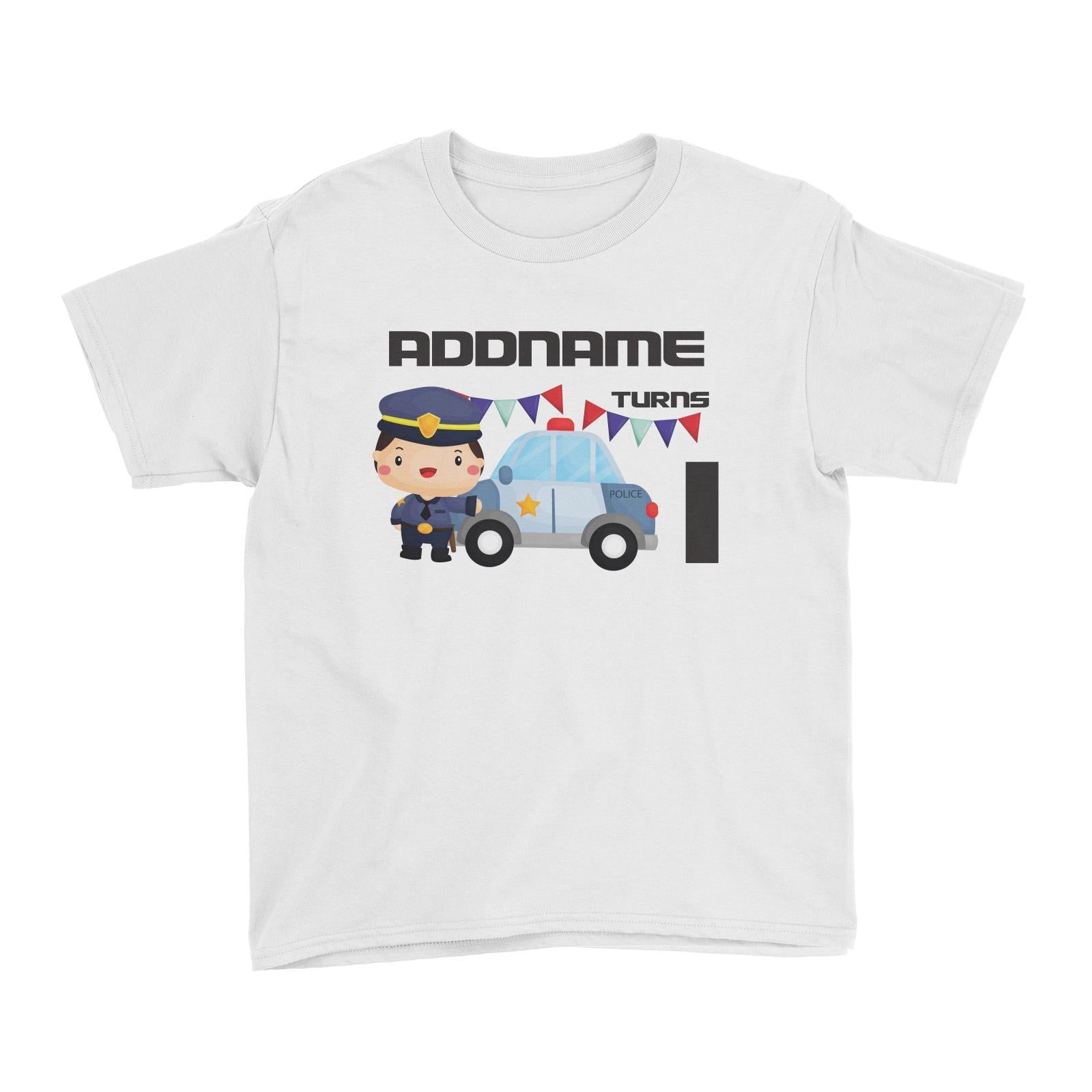 Birthday Police Officer Boy In Suit With Police Car Addname Turns 1 Kid's T-Shirt