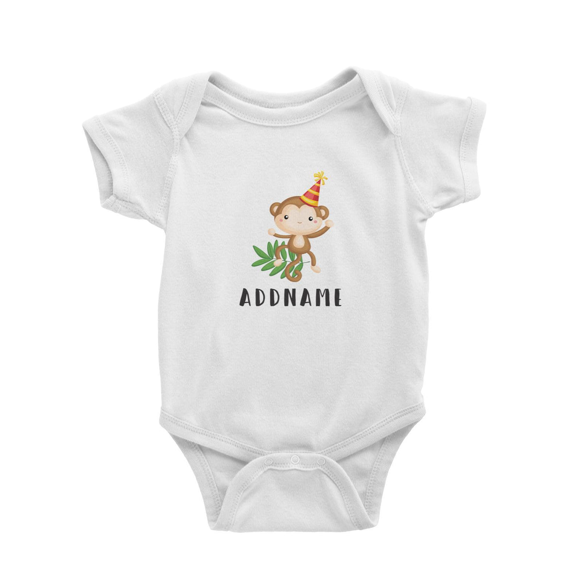 Birthday Safari Monkey Wearing Party Hat Addname Baby Romper