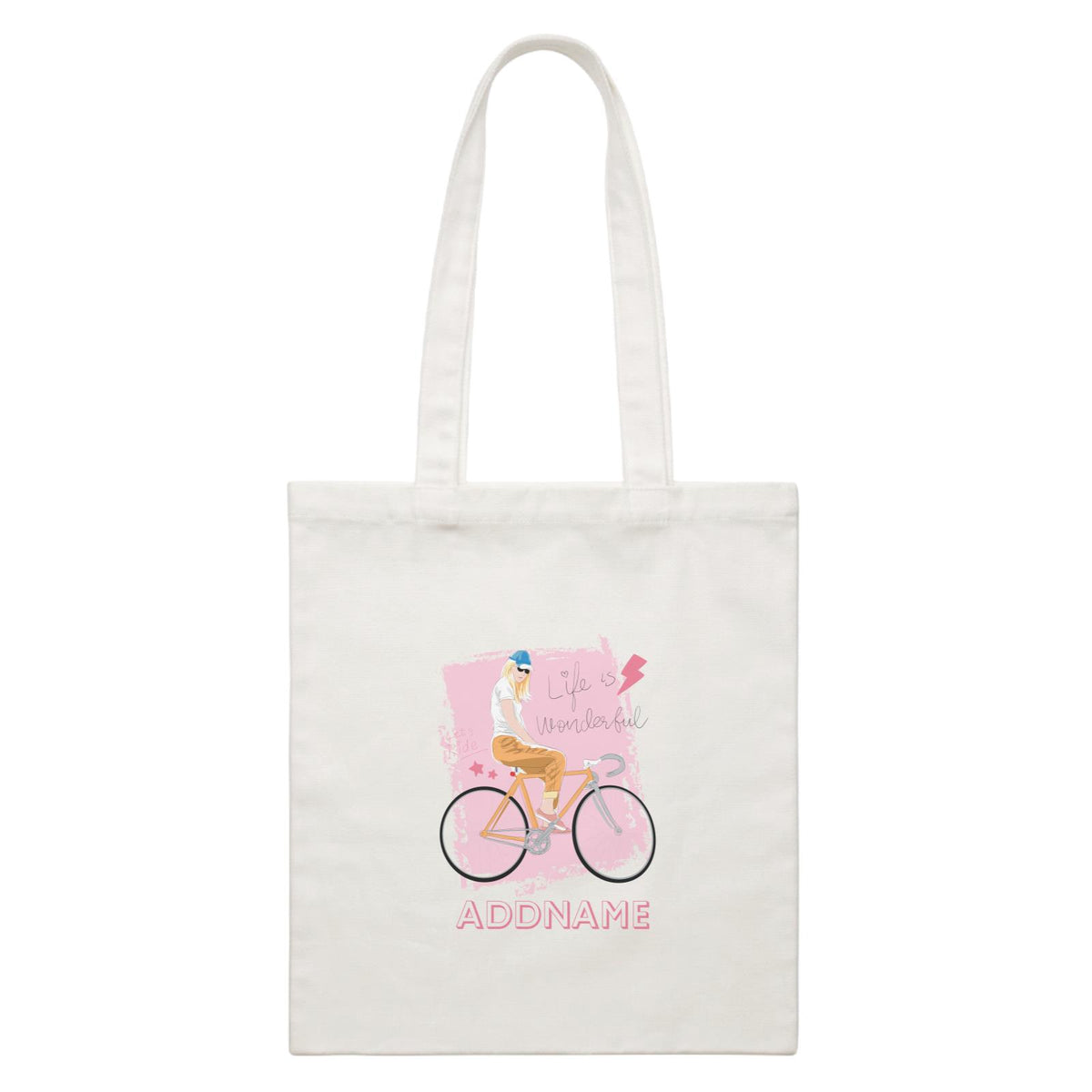 Beautiful Chic Life Is Wonderful Bicycle with Addname White Canvas Bag