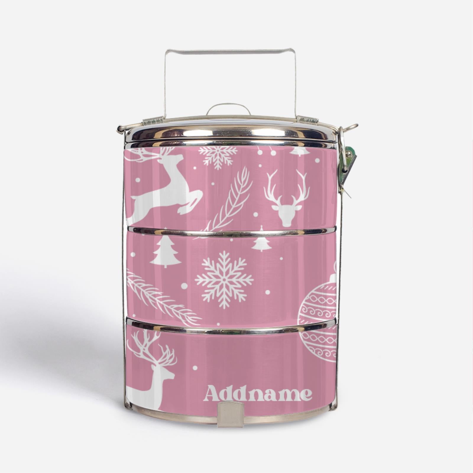 Christmas Series Standard Tiffin Carrier - Jubilant Reindeers Light Pink