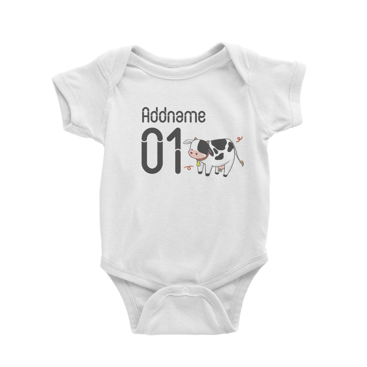 Name and Number Cute Hand Drawn Style Cow Baby Romper