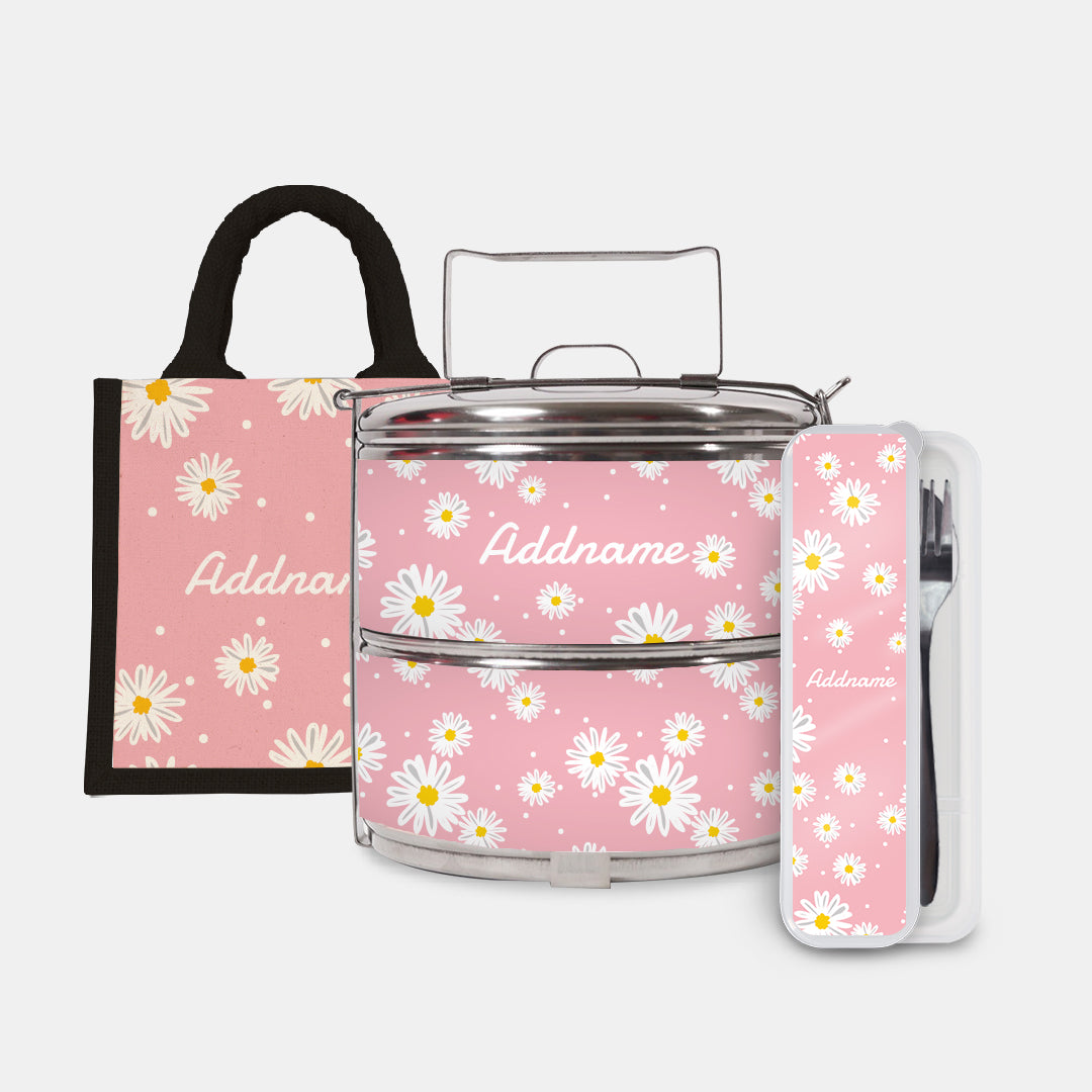 Daisy Series Half Lining Lunch Bag, Standard Two Tier Tiffin Carrier And Cutlery Set - Blush Black