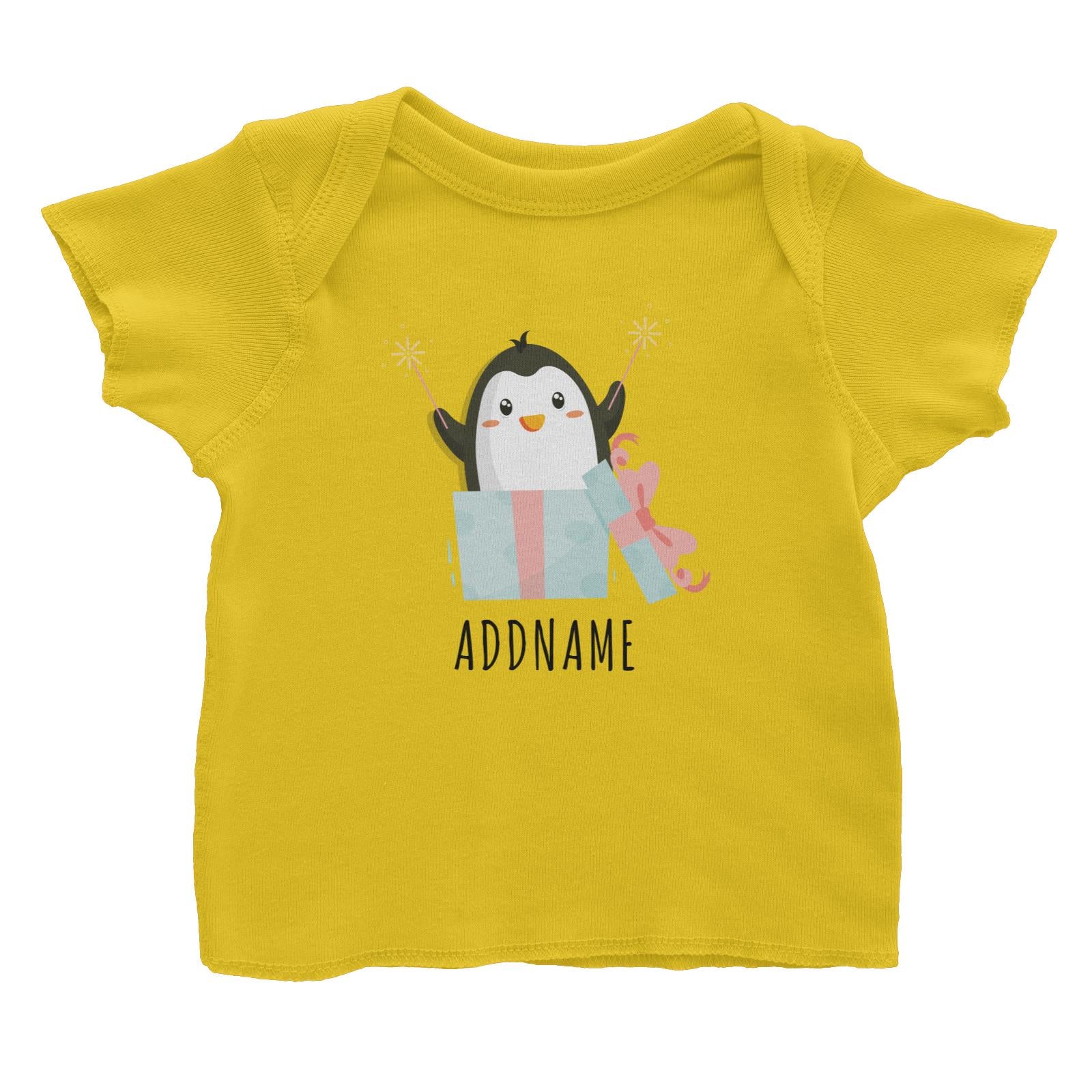 Birthday Cute Penguin Taking Fireworks In Present Box Addname Baby T-Shirt