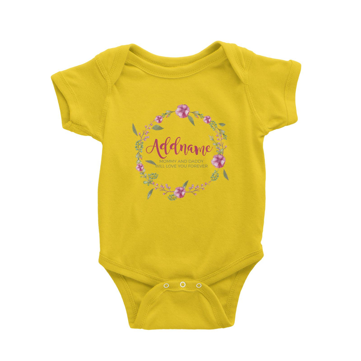 Pink Flower Wreath Personalizable with Name and Text Baby Romper