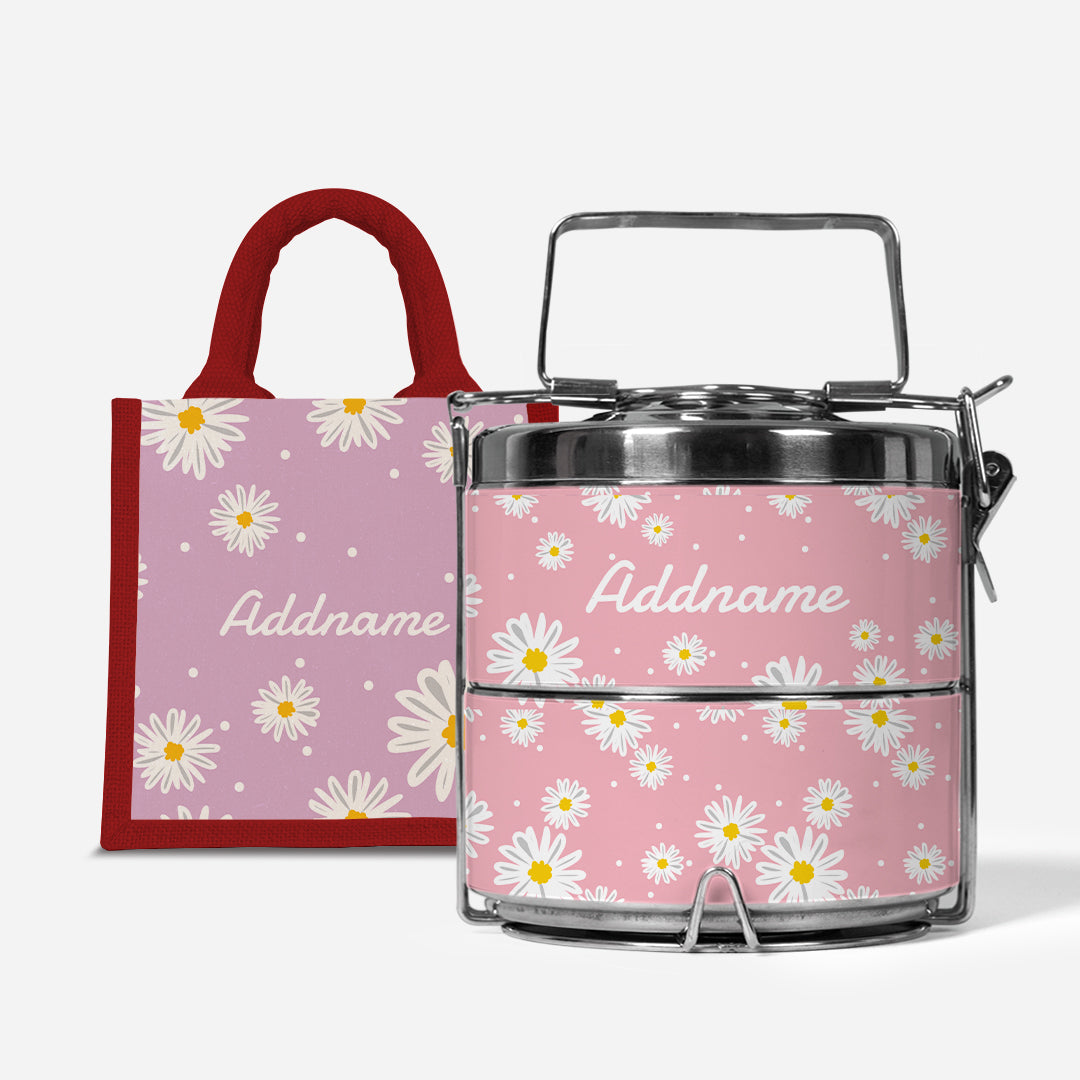 Daisy Series Half Lining Lunch Bag Wtih Premium Two Tier Tiffin Carrier - Blush