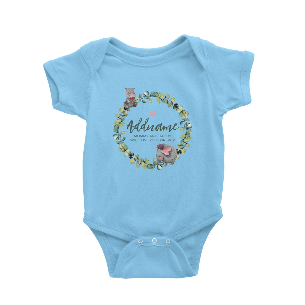 Watercolour Hippo and Elephant Leaf Wreath Personalizable with Name and Text Baby Romper