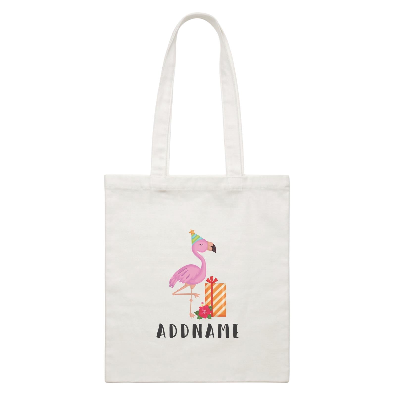 Birthday Hawaii Flamigo Wearing Party Hat With Present And Hibiscus Addname White Canvas Bag