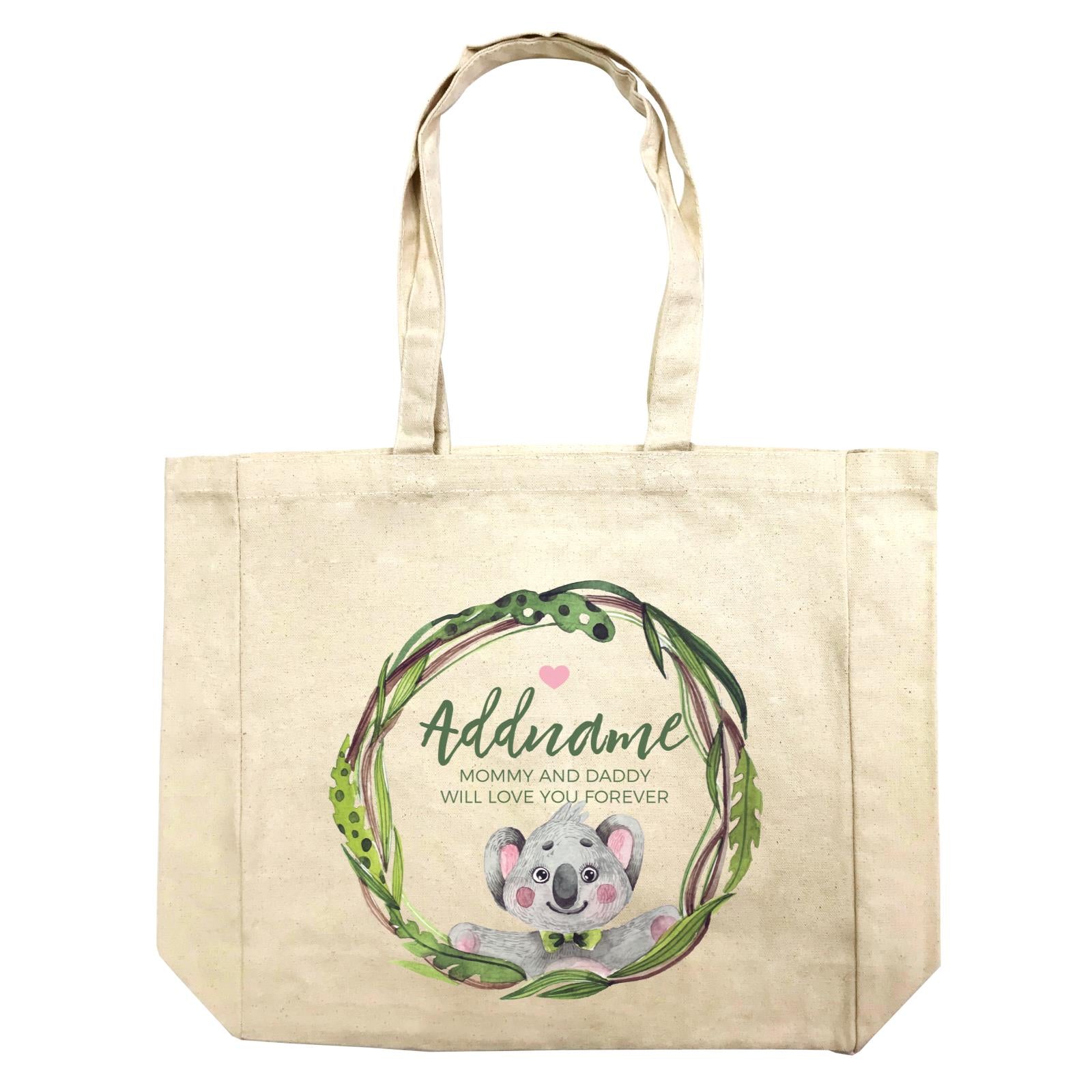 Watercolour Pink Koala Green Leaves Wreath Personalizable with Name and Text Shopping Bag