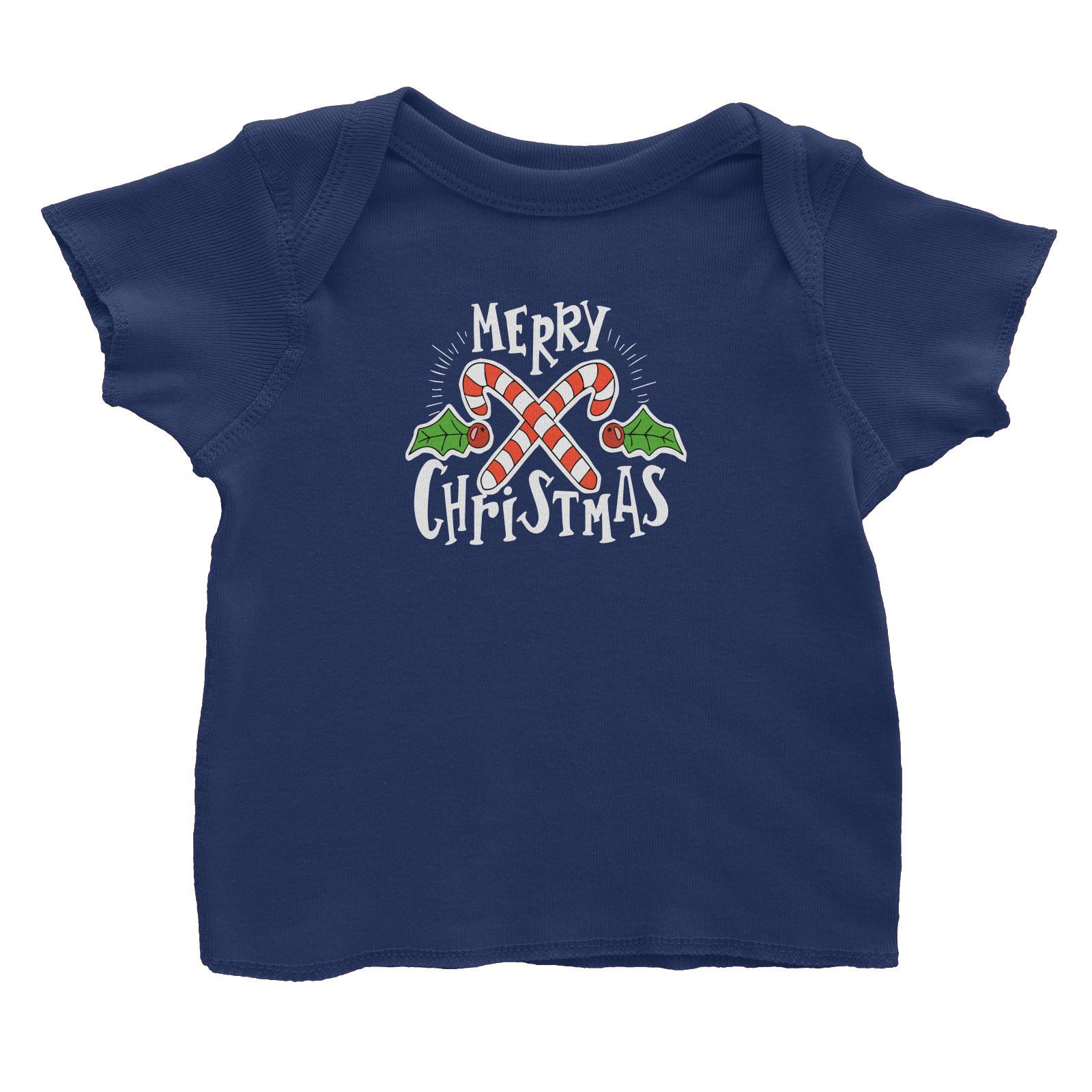 Merry Chrismas with Holly and Candy Cane Greeting Baby T-Shirt Christmas Matching Family Lettering