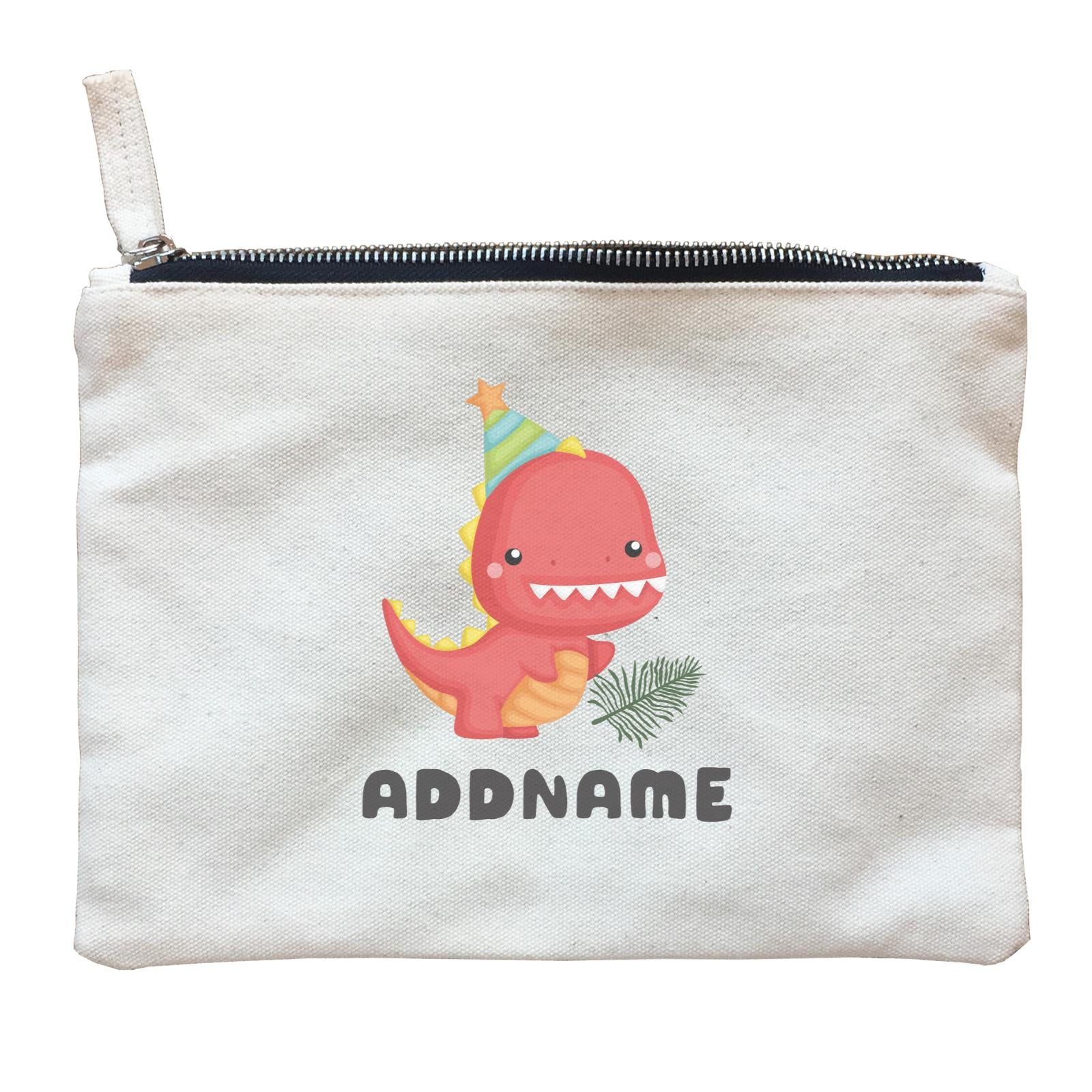 Birthday Dinosaur Happy Red Rex Wearing Party Hat Addname Zipper Pouch