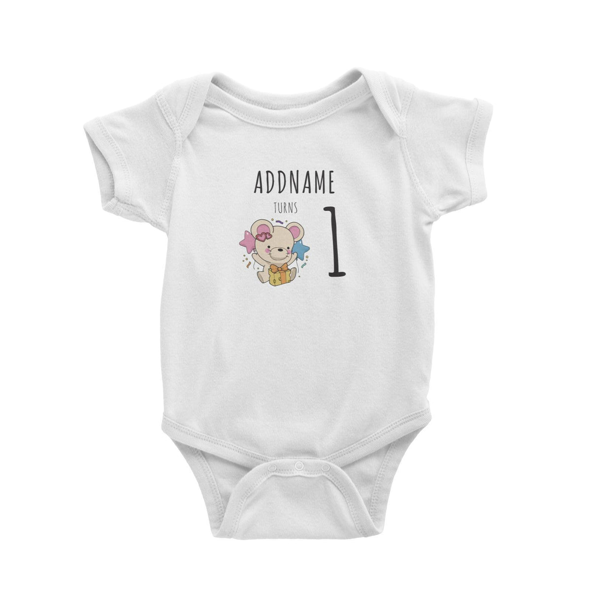Birthday Sketch Animals Mouse with Cheese Present Addname Turns 1 Baby Romper