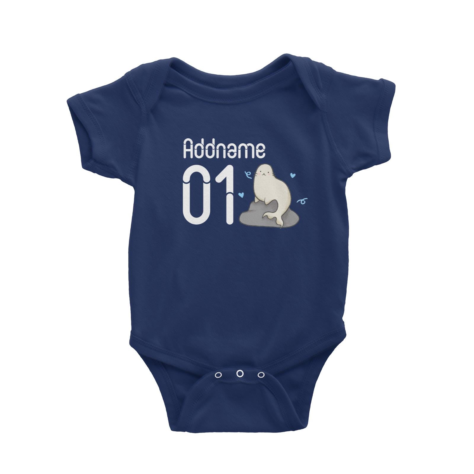 Name and Number Cute Hand Drawn Style Seal Baby Romper