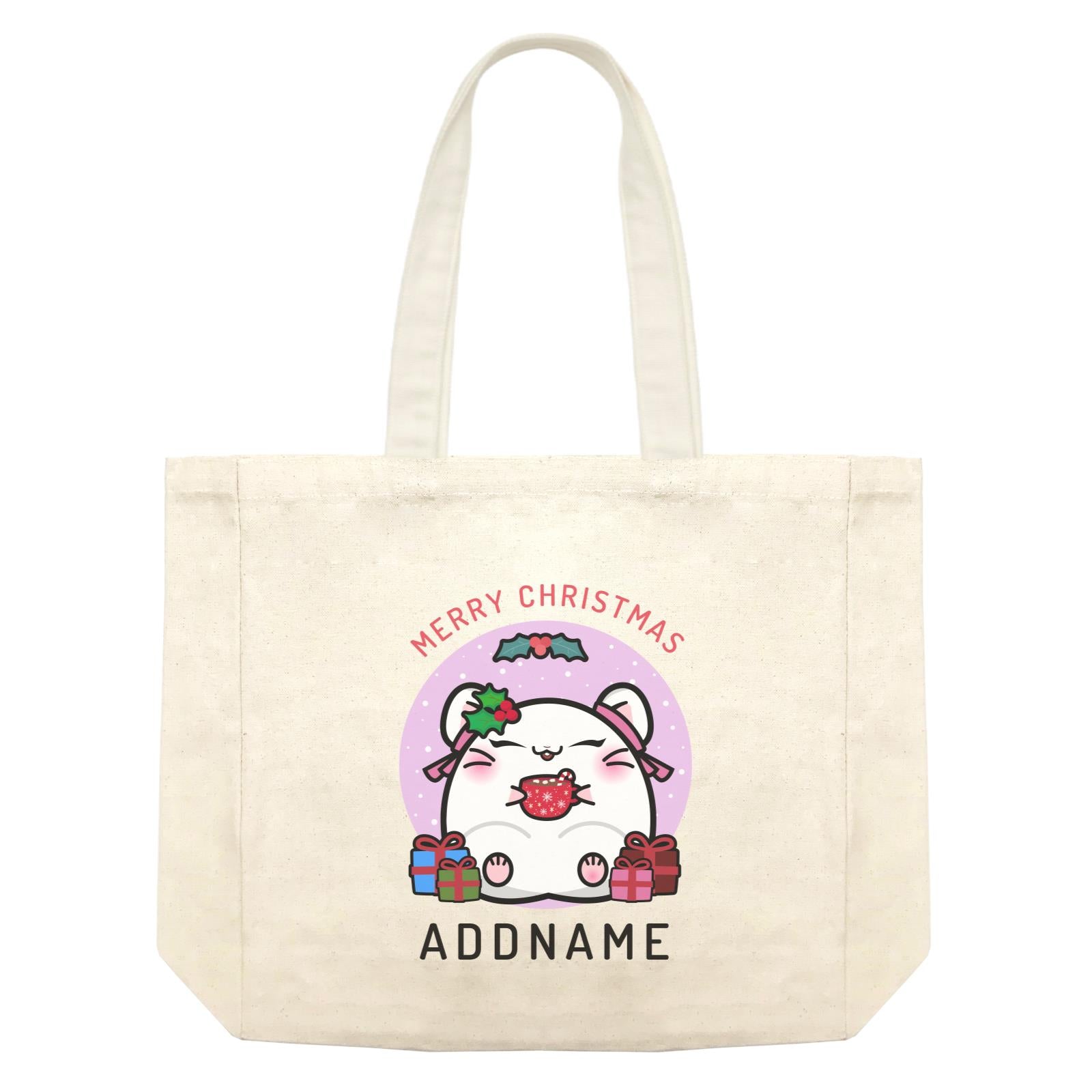 Merry Christmas Cute Santa Mistletoe Girl Hamster with Gifts Shopping Bag