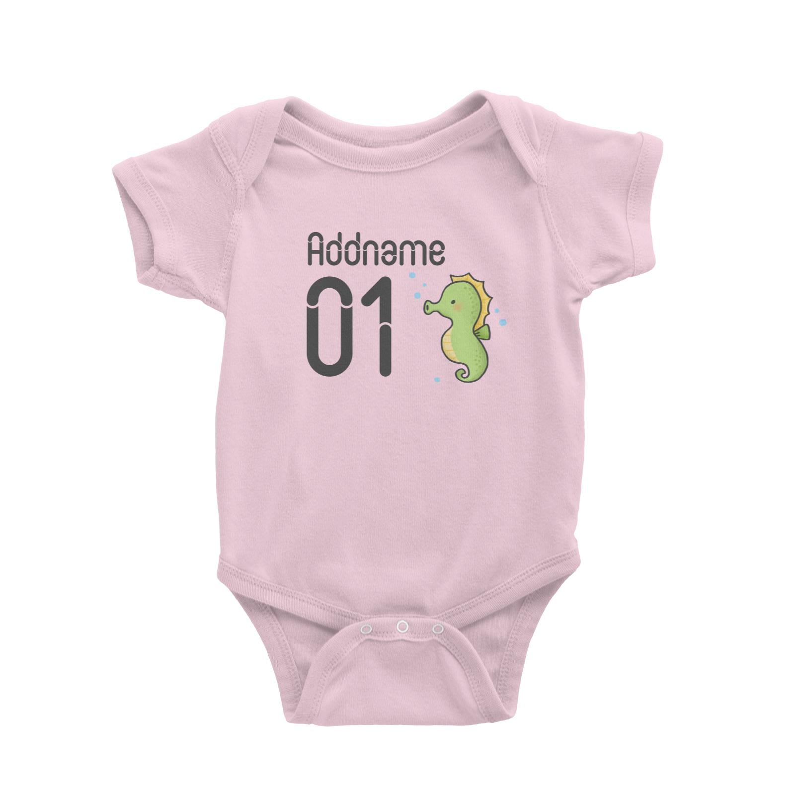Name and Number Cute Hand Drawn Style Seahorse Baby Romper