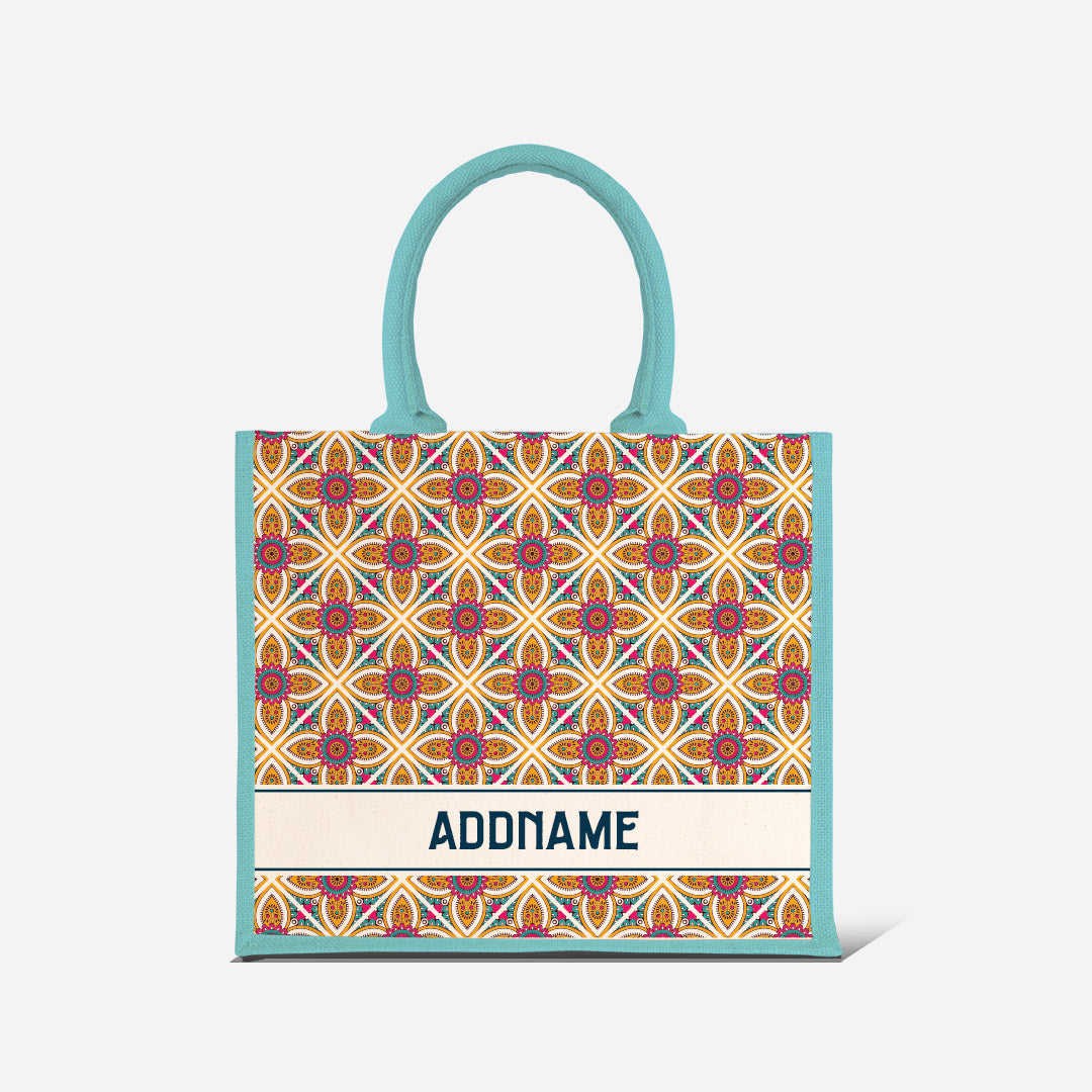 Pookal Series Half Lining Jute Bag - Vibrant Tiles Light Blue