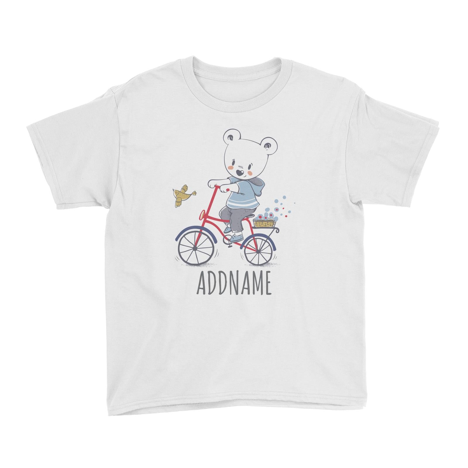 Bear on Bicycle White Kid's T-Shirt Personalizable Designs Cute Sweet Animal For Boys HG