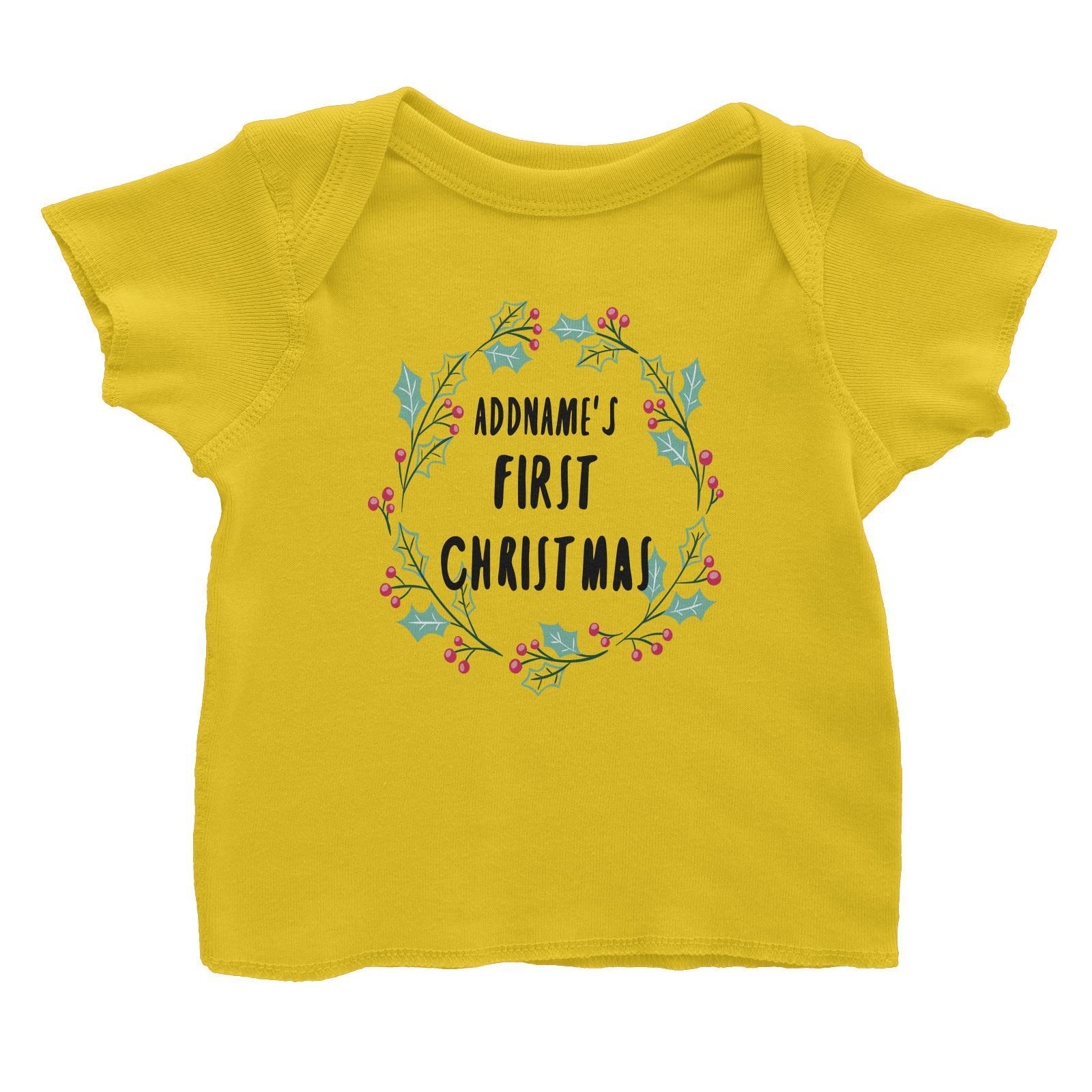 Holly Wreath Addname's First Christmas Baby T-Shirt  Personalizable Designs