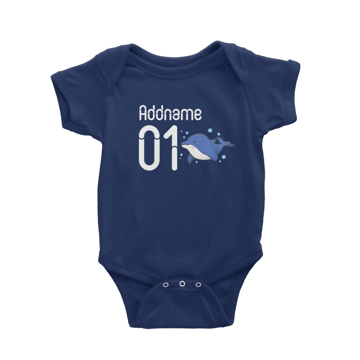 Name and Number Cute Hand Drawn Style Dolphin Baby Romper