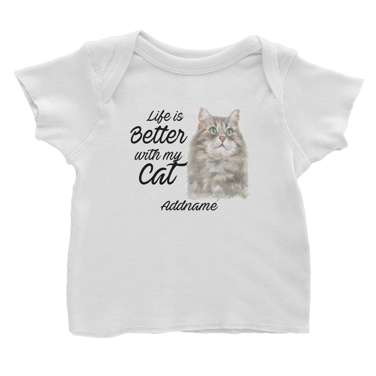 Watercolor Life is Better With My Cat Siberian Cat Grey Addname Baby T-Shirt