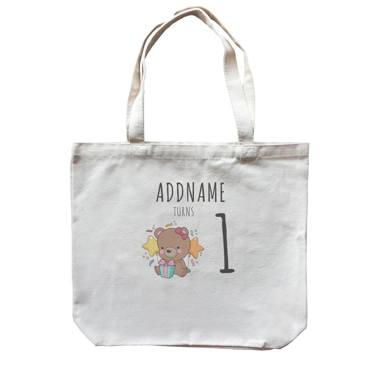 Birthday Sketch Animals Bear with Present Addname Turns 1 Canvas Bag