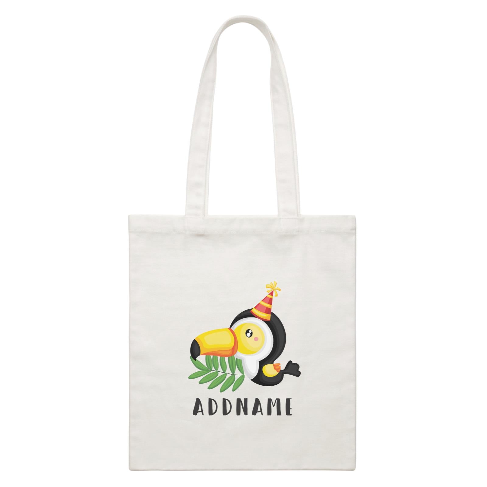 Birthday Safari Hornbill Wearing Party Hat Addname White Canvas Bag