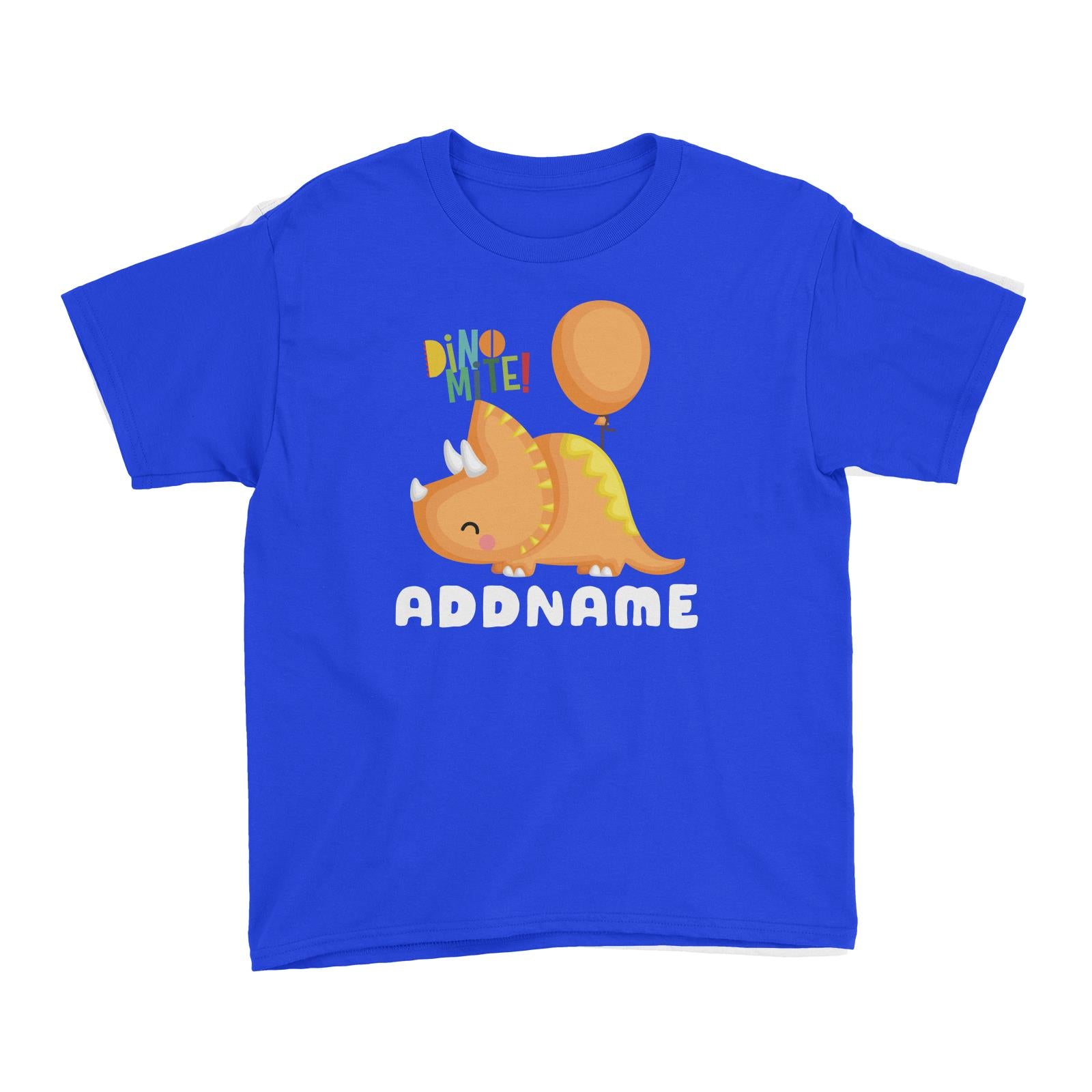 Birthday Dinosaur Happy Orange Triceratop DinoMite Ties With Balloon Addname Kid's T-Shirt