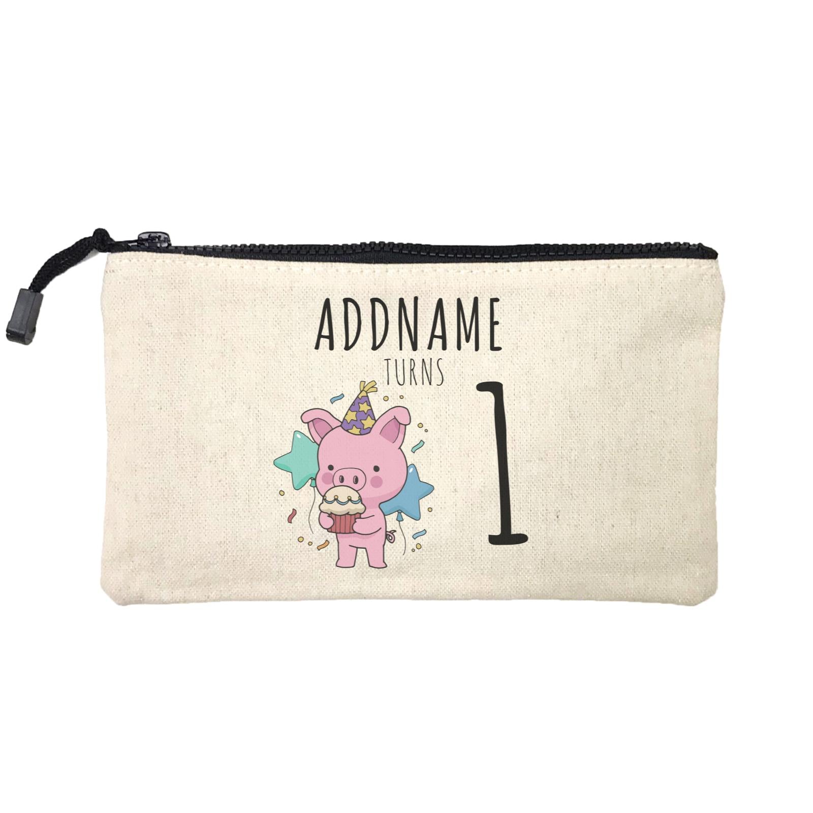 Birthday Sketch Animals Pig with Party Hat Eating Cupcake Addname Turns 1 Mini Accessories Stationery Pouch