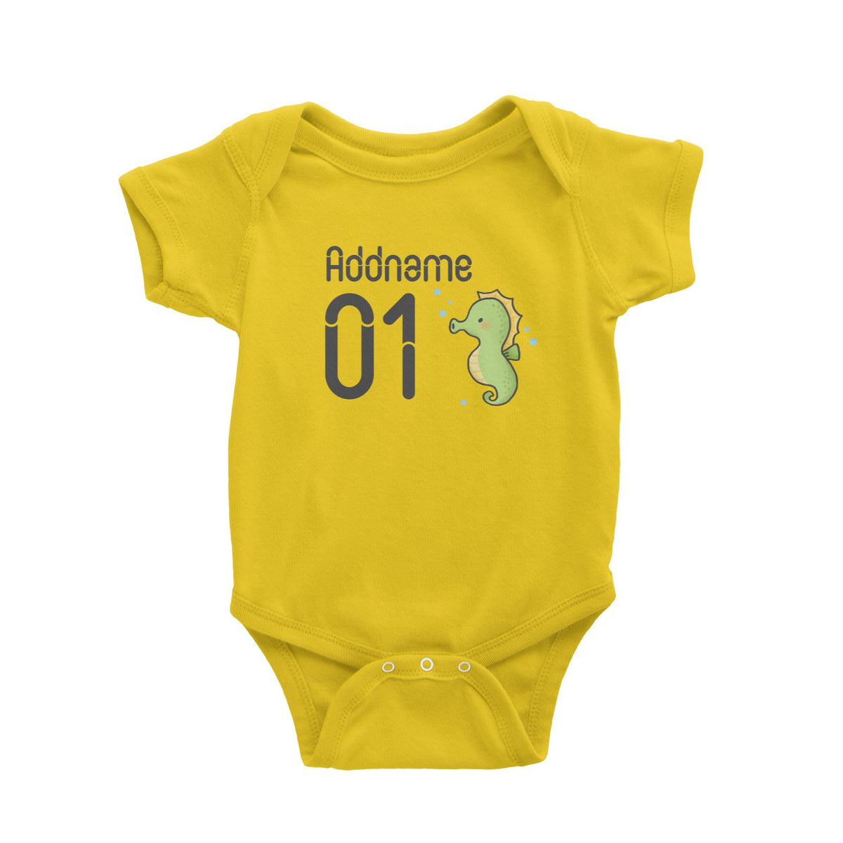 Name and Number Cute Hand Drawn Style Seahorse Baby Romper