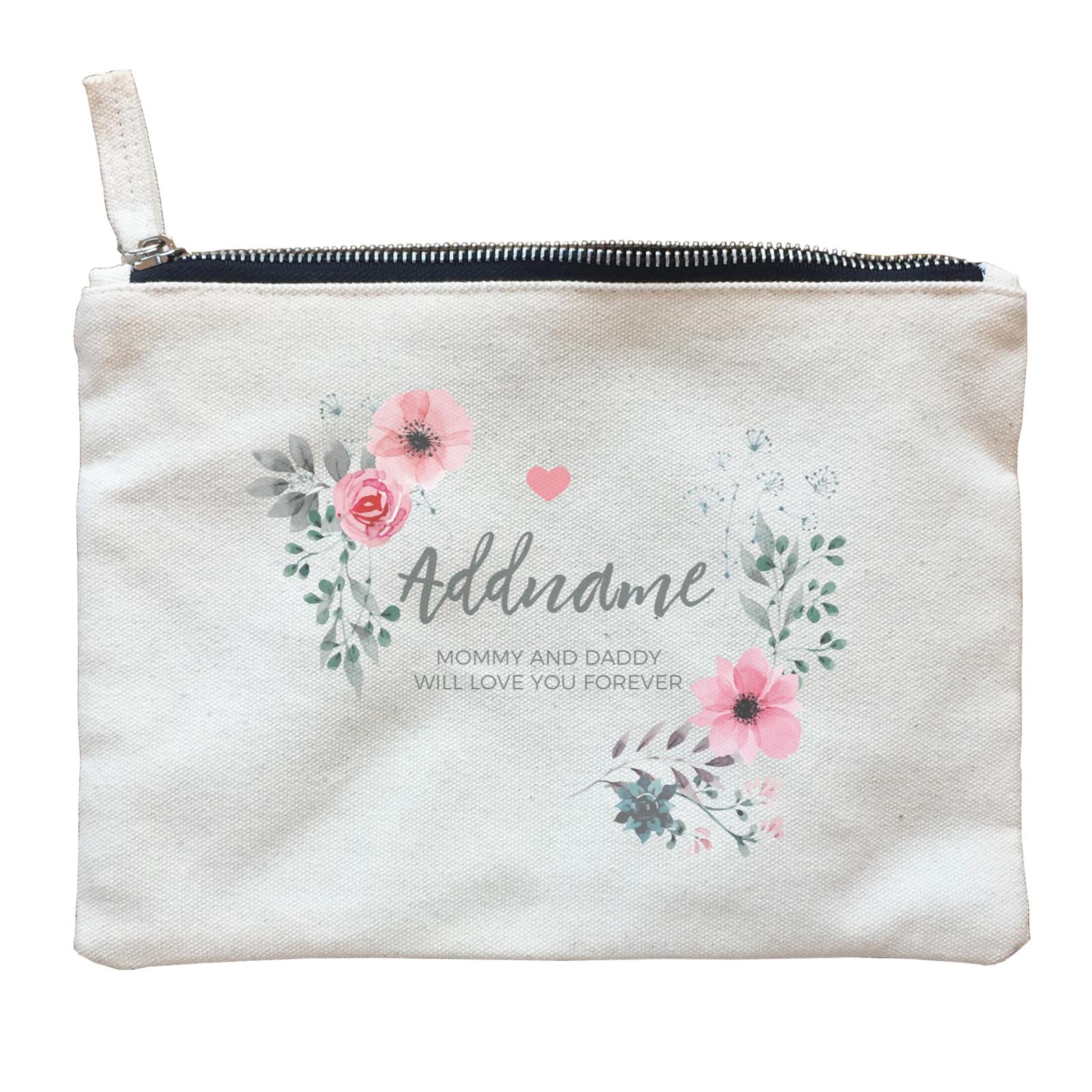 Watercolour Pink Flowers and Dark Wreath Personalizable with Name and Text Zipper Pouch