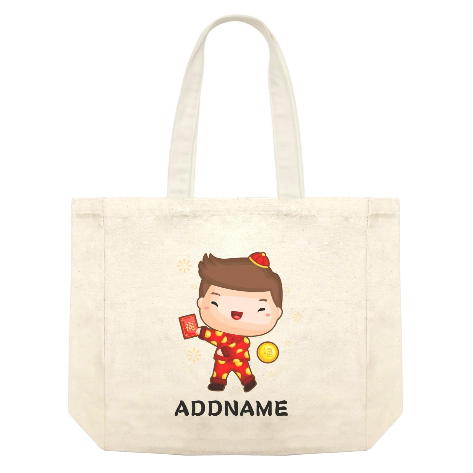 Cute CNY Boy with Red Packet and Happiness Symbol Shopping Bag
