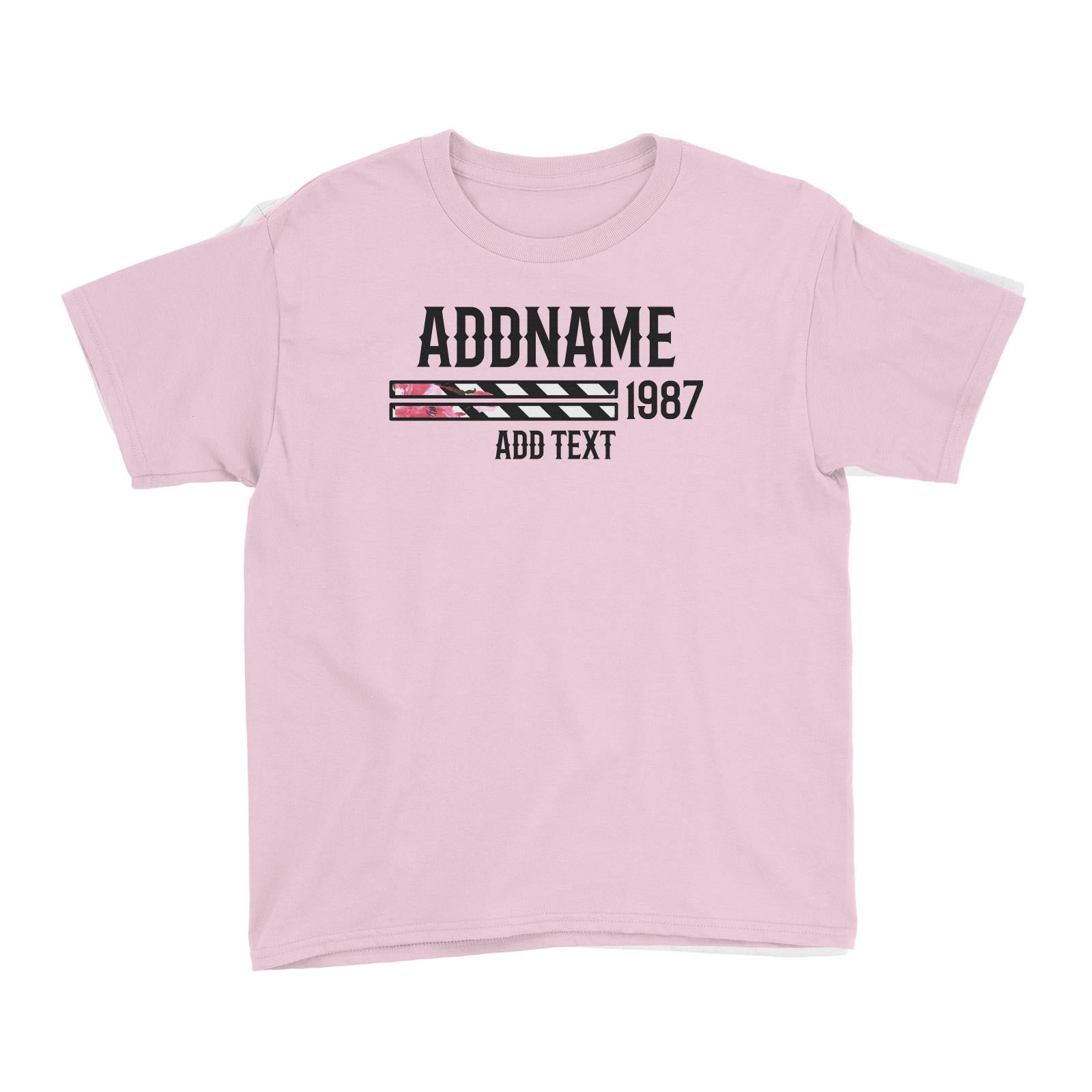 Pink Hibiscus Flower Stripes Bars Personalizable with Name Year and Text Kid's T-Shirt