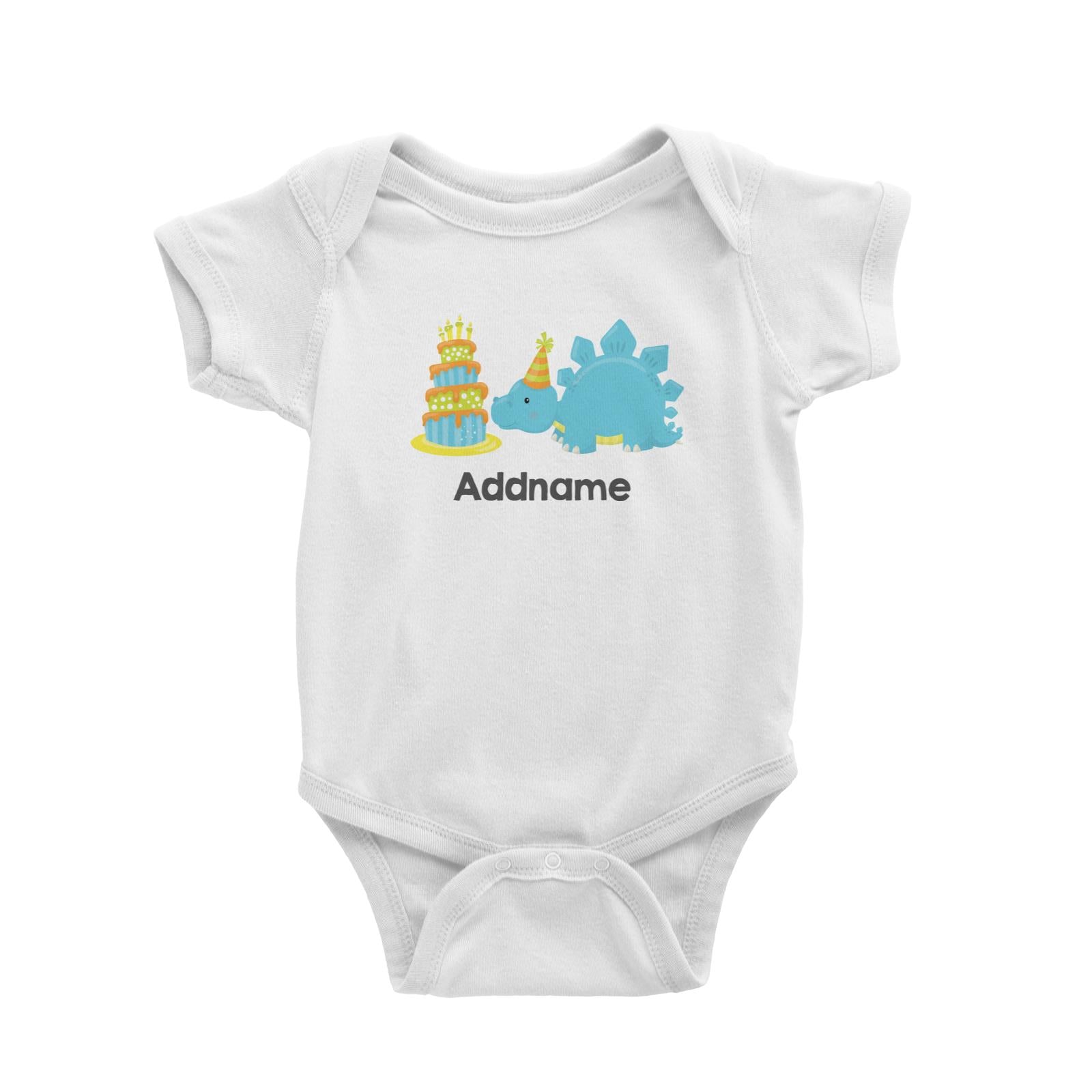 Dino Birthday Blue Stegosaurus With Birthday Cat and Hat Addname White Baby Romper